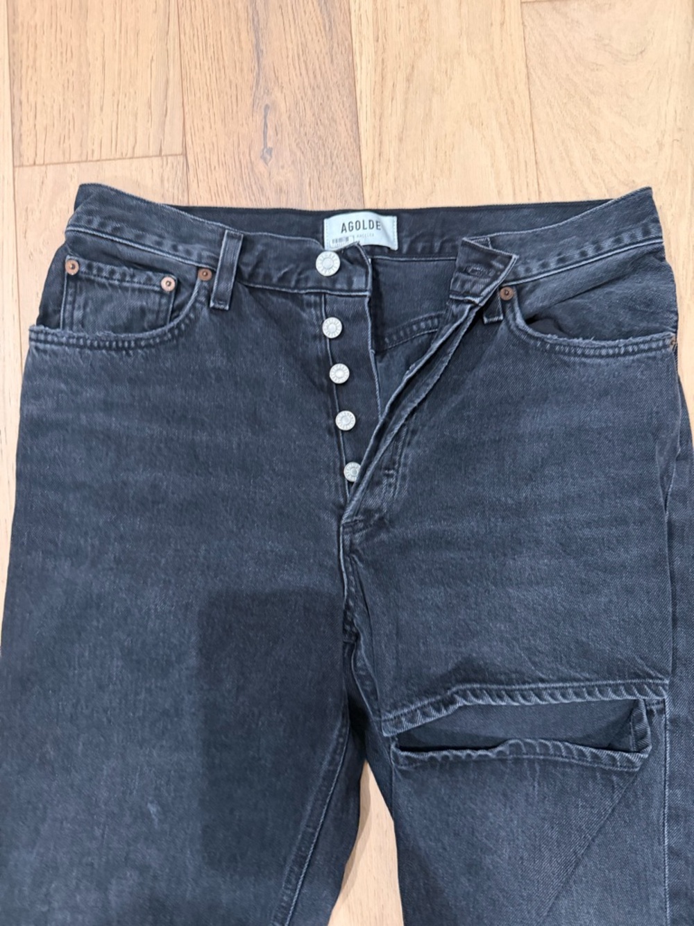 Agolde Black Straight-Leg High-Rise Jeans with Knee Rip - Picture 3 of 7